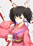  asya black_hair blood highres japanese_clothes kimono koutetsujou_no_kabaneri looking_at_viewer mumei_(kabaneri) purple_ribbon red_eyes ribbon solo twintails untied 