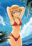  arms_behind_head beach bikini blonde_hair blue_eyes day highres kantai_collection long_hair parsue prinz_eugen_(kantai_collection) solo standing swimsuit twintails 