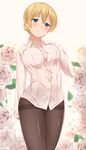  arm_at_side black_legwear blonde_hair blue_eyes blurry blush breasts buttons closed_mouth collared_shirt cowboy_shot darjeeling depth_of_field dress_shirt flower girls_und_panzer gradient gradient_background hand_on_own_chest head_tilt highres large_breasts legs_together long_sleeves looking_at_viewer no_pants orange_(sal1014) pantyhose pink_lips rose shirt short_hair simple_background smile solo standing thighband_pantyhose white_flower white_rose white_shirt wing_collar 