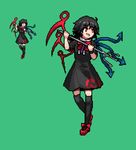 :d ahoge asymmetrical_wings black_dress black_hair bow buttons dress full_body green_background holding holding_weapon houjuu_nue ichiba_youichi mary_janes multiple_views open_mouth pixel_art polearm red_bow red_eyes red_footwear shoe_bow shoes short_dress short_hair short_sleeves simple_background smile standing thighhighs touhou trident weapon wings zettai_ryouiki 