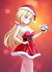  1girl 1other aki_rosenthal ar-khey blonde_hair blush bob_cut breasts detached_hair dress hat headgear highres hololive long_hair low_twintails parted_bangs purple_eyes rosen-tai santa_dress santa_hat short_hair twintails virtual_youtuber 