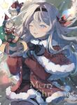  aroha252538 blue_pupils caelus_(honkai:_star_rail) dress firefly_(honkai:_star_rail) gift grey_hair hair_between_eyes hair_intakes hair_ornament hairband highres honkai:_star_rail honkai_(series) long_hair multicolored_eyes neck_ribbon ribbon santa_costume santa_dress stelle_(honkai:_star_rail) thighhighs trailblazer_(honkai:_star_rail) 