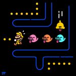  1boy boo_(mario) brown_hair chasing chibi chibi_only commentary english_commentary facial_hair fleeing hat highres james_turner long_sleeves male_focus mario mario_(series) maze motion_lines mustache notice_lines open_mouth orange_footwear overalls pac-man_(game) parody sharp_teeth shirt shoes short_hair signature teeth tongue tongue_out yellow_hat yellow_overalls yellow_shirt 