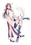  2girls armpits ass black_hair black_ribbon blonde_hair blue_one-piece_swimsuit blush breasts brown_eyes china_dress chinese_clothes cleavage dead_or_alive dead_or_alive_6 dress fallen_down falling flower frilled_one-piece_swimsuit frilled_thighhighs frills hair_flower hair_ornament hair_ribbon highres kokoro_(doa) large_breasts long_hair long_sleeves looking_at_viewer marie_rose marie_rose_(devilish_servant_against_the_splashing_waves) minato_asuka multiple_girls one-piece_swimsuit ribbon swimsuit thighhighs twintails white_background white_dress x_hair_ornament 