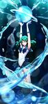  arms_up bishoujo_senshi_sailor_moon blue_skirt choker covered_navel elbow_gloves gloves green_eyes green_hair highres kaiou_michiru lunallena microskirt open_mouth pleated_skirt ribbon sailor_collar sailor_neptune sailor_senshi_uniform skirt solo water white_gloves 