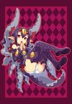  absurdres bell bell_earrings blush_stickers boots choker desco_(disgaea) detached_sleeves disgaea earrings eating fang food highres horns jewelry jingle_bell kikimi looking_at_viewer makai_senki_disgaea_4 monster_girl oni_horns open_mouth panties pointy_ears purple_hair red_eyes solo taiyaki thigh_boots thighhighs underwear wagashi white_panties 