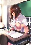  breasts brown_eyes brown_hair classroom highres kuchibue_(tanima_club) large_breasts long_hair looking_down nipples open_clothes open_shirt original shirt solo writing 