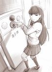  :&gt; blurry commentary_request depth_of_field fire_alarm from_above hairband hallway hime_cut indoors kneehighs long_hair looking_at_viewer monochrome original perspective pleated_skirt school_uniform sepia skirt solo standing tiptoes trembling ueyama_michirou 