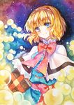  alice_margatroid blonde_hair blue_dress blue_eyes calligraphy_brush_(medium) capelet dress graphite_(medium) grimoire_of_alice hairband lolita_hairband looking_at_viewer mirror_(xilu4) smile solo touhou traditional_media watercolor_(medium) 
