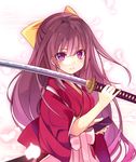  bow hair_bow hakama holding holding_sword holding_weapon japanese_clothes kamikaze_(kantai_collection) kantai_collection katana long_hair looking_at_viewer meiji_schoolgirl_uniform petals pink_hakama purple_eyes purple_hair sheath shirokitsune smile solo sword upper_body weapon wide_sleeves 