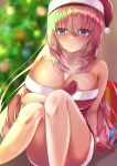  1girl absurdres bare_shoulders belt blue_eyes blush breasts christmas dress gloves hat highres ichinose_(24746718) ichinose_honami_(youjitsu) large_breasts long_hair looking_at_viewer pink_hair red_gloves red_hat santa_costume santa_dress santa_gloves santa_hat smile solo thighs youkoso_jitsuryoku_shijou_shugi_no_kyoushitsu_e 