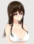  bikini blush breasts brown_hair cleavage glasses grey_background large_breasts long_hair looking_at_viewer red_eyes sakuramachi_touko sasamori_tomoe simple_background smile solo succubus_stayed_life swimsuit white_bikini 