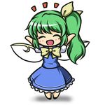 :d \o/ ^_^ arms_up ascot blue_dress blush_stickers bow chibi closed_eyes commentary_request daiyousei dress fairy_wings frills full_body green_hair hair_bow happy kou512a open_mouth outstretched_arms short_hair side_ponytail simple_background smile solo touhou white_background wings 