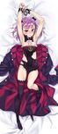  armpits arms_up bdsm bondage bound coat commentary cuffs dakimakura fate/grand_order fate_(series) flat_chest full_body handcuffs helena_blavatsky_(fate/grand_order) highres loose_thighhigh matsuryuu purple_eyes purple_hair ribbon solo tears thighhigh_dangle thighhighs torn_clothes tree_of_life 
