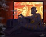 abs absurd_res anthro backlighting butt cigarette digital_media_(artwork) echo_(game) echo_(series) echo_project feet flynn_moore gila_monster green_eyes helodermatid hi_res light lighting lizard male markings nude orange_markings reptile scalie skunkhotel smoke solo tail