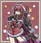  1girl anna_(fire_emblem) black_footwear black_gloves boots dress english_commentary fire_emblem fire_emblem_engage fire_emblem_heroes fur_trim gloves hair_between_eyes hat holding holding_sack index_finger_raised leg_up long_hair long_sleeves orb red_dress red_eyes red_hair red_hat sack santa_dress santa_hat smile solo star_(symbol) teeth thaumana 