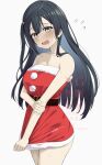  1girl absurdres alternate_costume bare_shoulders black_hair breasts cleavage collarbone cowboy_shot dress dress_tug embarrassed flying_sweatdrops fur-trimmed_dress fur_trim grey_eyes hair_ornament highres large_breasts long_hair looking_at_viewer love_live! love_live!_nijigasaki_high_school_idol_club masami_atabe microdress one_side_up open_mouth red_dress santa_costume santa_dress signature simple_background solo strapless strapless_dress sweat triangle_hair_ornament watermark white_background yuki_setsuna 