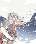  ahoge asashimo_(kantai_collection) belt blue_hair bow bowtie buttons cloud dress from_side grey_hair hair_bun hair_over_one_eye hair_ribbon headband kantai_collection kasumi_(kantai_collection) kiyoshimo_(kantai_collection) long_hair long_sleeves low_twintails machinery multicolored_hair multiple_girls ninimo_nimo ocean open_mouth pinafore_dress ponytail purple_hair remodel_(kantai_collection) ribbon school_uniform shirt side_ponytail silver_hair sky sleeveless sleeveless_dress teeth thigh_strap torpedo turret twintails water waves white_ribbon white_shirt 