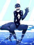  anthro camel_toe cetacean clothing female inside looking_at_viewer mammal marine open_mouth orca sharp_teeth sitting smile solo swimming_pool swimsuit teeth theobrobine thick_thighs tongue wet whale 