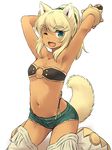  ;d animal_ears aqua_eyes armpits arms_up blonde_hair breasts check_commentary commentary commentary_request cutoffs dark_skin denim denim_shorts extra_ears eyebrows eyebrows_visible_through_hair fangs hair_ribbon highres kneeling liru long_hair looking_at_viewer navel o-ring o-ring_top one_eye_closed open_mouth ponytail renkin_san-kyuu_magical_pokaan ribbon short_shorts shorts small_breasts smile solo tail thighs whisker_markings white_background wolf_ears wolf_girl wolf_tail yudepii 