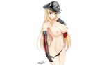  bikini bismarck_(kancolle) blonde_hair blue_eyes breasts kantai_collection long_hair nipples panty_pull photoshop signed swimsuit the-sinner topless undressing white 