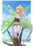  bad_id bad_pixiv_id blonde_hair bug butterfly fairy fairy_wings green_eyes green_wings highres insect leafa long_hair mizu_(dl7613) pointy_ears ponytail solo sword sword_art_online thighhighs weapon wings 