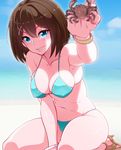  animal aqua_bikini arm_support armpits bangs beach between_legs bikini blue_eyes blurry blush bob_cut bracelet breasts brown_hair cleavage covered_nipples crab day depth_of_field hair_between_eyes hair_ornament halterneck hand_between_legs high_heels highres holding holding_animal jewelry kantai_collection kurihara_kenshirou large_breasts maya_(kantai_collection) navel ocean on_ground outdoors outstretched_arm shade shoes short_hair sideboob sitting skindentation smile solo stomach strap_gap swimsuit thighs wariza x_hair_ornament 
