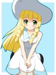  blonde_hair blush breasts dress female green_eyes hat k_(niyari) lillie_(pokemon) nintendo pokemon pokemon_sm smile 