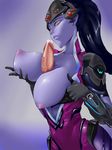  1girl areolae artist_request blue_background blue_hair bodysuit breast_hold breasts breasts_out breasts_outside cum disembodied_penis head_mounted_display large_breasts long_hair nipples overwatch paizuri parted_lips penis puffy_nipples purple_skin uncensored widowmaker_(overwatch) yellow_eyes 