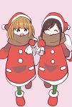  2girls blonde_hair blunt_bangs brown_eyes brown_hair brown_scarf closed_eyes dress green_leggings hat highres hitori_bocchi hitoribocchi_no_marumaru_seikatsu katsuwo_(cr66g) leggings medium_hair multiple_girls open_mouth santa_dress santa_hat scarf smile yawara_kai 