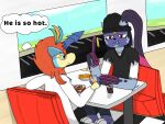 absurd_res beanie beverage clothing date diner duo eating food furniture generation_5_pokemon generation_8_pokemon hat headgear headwear hi_res hupla21 keldeo kellen_(hupla21) legendary_pokemon male nintendo pancake pickle_(food) pokemon pokemon_(species) restaurant signature sneasler table text thought_bubble