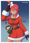  1girl 2024_pokemon_teraleak animal_nose between_breasts black_fur black_gloves blue_eyes body_fur bracelet breasts character_doll dress gloves gold_bracelet hair_ornament hedgehog_boy highres i_just_love_latinas_sonic_(meme) jewelry large_breasts meme official_alternate_costume one_side_up pokemon pokemon_masters_ex raydango red_fur red_hair santa_costume santa_dress santa_gloves shadow_the_hedgehog short_hair_with_long_locks sidelocks skyla_(holiday_2020)_(pokemon) skyla_(pokemon) solo sonic_(series) strap_between_breasts two-tone_fur 
