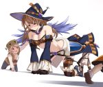  1girl 3boys all_fours beatrix_(granblue_fantasy) black_gloves blue_hat blue_sleeves blush bra breasts brown_hair choker cleavage detached_sleeves embarrassed gloves granblue_fantasy groin hat long_hair long_sleeves medium_breasts midriff multiple_boys navel shiseki_hirame simple_background stomach strapless strapless_bra striped striped_bra striped_legwear thighhighs underwear white_background witch_hat 