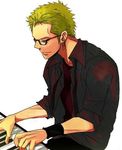  earrings glasses green_hair male_focus musical_instrument one_piece piano roronoa_zoro solo wristband 
