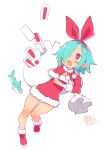  1girl blue_hair blush boots commentary_request disgaea dress flat_chest full_body gloves hair_over_one_eye hairband harada_takehito highres holding holding_sack open_mouth original pleinair pointy_ears red_eyes sack same-san santa_dress short_hair solo thigh_gap 