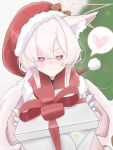  1girl akira_(blue_archive) animal_ear_fluff animal_ears blue_archive blush box cat_ears cat_girl christmas_present collar dress fur_trim gift gloves hair_between_eyes hat heart highres holding holding_box long_hair pink_dress rainy_min1 red_collar red_eyes red_hat santa_costume santa_dress santa_hat sidelocks smile solo white_gloves 