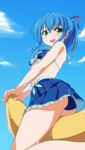  ass banana_boat bare_shoulders bikini blue_bikini blue_hair blue_sky cloud day green_eyes hair_ribbon highres kachiwarigoori looking_at_viewer looking_back open_mouth original red_ribbon ribbon sidelocks sky smile solo swimsuit wet 