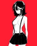  black_hair breasts closed_mouth commentary_request covered_nipples highres kill_la_kill looking_at_viewer matoi_ryuuko medium_breasts miniskirt mittsun multicolored_hair naked_suspenders navel open_eyes pleated_skirt red_background red_hair short_hair simple_background skirt solo suspender_skirt suspenders two-tone_hair upper_body 