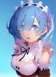  bangs bare_shoulders black_dress blue_eyes blue_hair breasts cleavage cleavage_cutout detached_sleeves dress eyes_visible_through_hair hair_ribbon head_wreath looking_at_viewer maid medium_breasts open_mouth pink_ribbon re:zero_kara_hajimeru_isekai_seikatsu rem_(re:zero) ribbon shirt short_hair sola7764 solo tears upper_body 