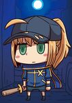  ahoge april_fools artoria_pendragon_(all) blonde_hair blush_stickers chibi fate/grand_order fate/stay_night fate_(series) green_eyes hat mysterious_heroine_x official_art riyo_(lyomsnpmp) rojiura_satsuki:_chapter_heroine_sanctuary serious solo sword weapon 