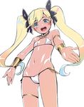  bikini blonde_hair blue_eyes bow cowboy_shot criss-cross_halter flat_chest gauntlets granblue_fantasy h_kasei hair_bow halter_top halterneck io_euclase jewelry long_hair looking_at_viewer navel necklace open_mouth smile solo swimsuit twintails very_long_hair white_bikini 