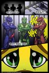  anthro clothed clothing comic dialogue digital_media_(artwork) english_text erection green_scales group hi_res iudicium_86 lombax male multicolored_scales muscular nude penis prisoner ratchet ratchet_and_clank red_scales scales scalie tan_scales text topless two_tone_scales video_games 
