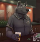  2016 alcohol anthro bar beer beverage black_fur black_nose blurred_background canine clothed clothing digital_media_(artwork) dog ear_piercing eyebrow_piercing facial_piercing food fur glass inner_ear_fluff inside looking_at_viewer male mammal piercing pointy_ears raised_eyebrow shirt skaifox smile solo watermark 