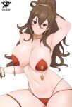  1girl arm_behind_head armpits breasts brown_eyes commentary hair_between_eyes high_ponytail highres kaos_art large_breasts long_hair looking_at_viewer mole mole_under_mouth navel octopath_traveler octopath_traveler_i pasties primrose_azelhart simple_background sitting smile solo white_background 