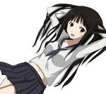  a.ringo black_hair black_skirt chitanda_eru hands_in_hair highres hyouka long_hair looking_at_viewer midriff navel open_mouth pleated_skirt purple_eyes school_uniform simple_background skirt solo white_background 