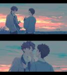  2boys absurdres black_border blue_scarf blue_shirt border brown_eyes brown_jacket cigarette cigarette_kiss closed_mouth haikyuu!! hand_up highres holding holding_cigarette holding_lighter iwaizumi_hajime jacket jiyun0805 lighter lighting_cigarette long_sleeves looking_at_another lower_teeth_only male_focus multiple_boys oikawa_tooru_(haikyuu!!) parted_lips scarf shirt smile smoke smoke_trail smoking sunset teeth 
