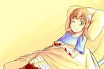  amputee bandaged_arm bandaged_head bandaged_leg bandages bed bleeding blonde_hair blood blue_shirt breasts cyzir_visheen double_amputee green_eyes ibarazaki_emi injury katawa_shoujo looking_at_viewer lying on_back one_eye_closed orange_hair shirt small_breasts smile solo sweat sweatdrop under_covers visible_ears wince 