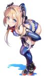  1girl bare_shoulders black_ribbon blonde_hair blue_eyes blue_one-piece_swimsuit blue_thighhighs blush boots breasts casual_one-piece_swimsuit covered_navel covered_nipples dead_or_alive dead_or_alive_5 dead_or_alive_6 detached_sleeves frilled_one-piece_swimsuit frills gloves hair_ornament hair_ribbon highres long_hair looking_at_viewer marie_rose marie_rose_(devilish_servant_against_the_splashing_waves) one-piece_swimsuit ribbon shadow small_breasts solo swimsuit take_(pixiv58784208) thighhighs twintails white_background x_hair_ornament 