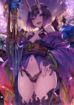  bare_shoulders blush breasts bridal_gauntlets cowboy_shot fangs fate/grand_order fate_(series) hair_ornament highres horns japanese_clothes kimono looking_at_viewer navel obi oni oni_horns open_mouth petals purple_eyes purple_hair revealing_clothes sash shirabi shuten_douji_(fate/grand_order) sky small_breasts smile solo sword thighhighs thighs weapon yukata 