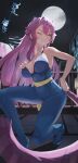  1girl absurdres alternate_costume animal_ears ash_(ashsa689) black_sky blue_bodysuit blue_footwear blurry blurry_background blush bodysuit breasts building chattino_(raora_panthera) closed_mouth collarbone covered_navel extra_ears fang full_moon high_heels highres hololive hololive_english large_breasts long_hair moon multicolored_hair night one_eye_closed panther_ears panther_girl panther_tail pink_hair raora_panthera rooftop skin_fang sky smile spy streaked_hair tail thighs two-tone_hair virtual_youtuber white_hair yellow_eyes 